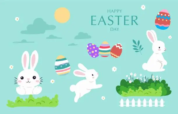 Vector illustration of Collection of easter object set with rabbit and egg in garden Editable vector illustration for sticker postcard