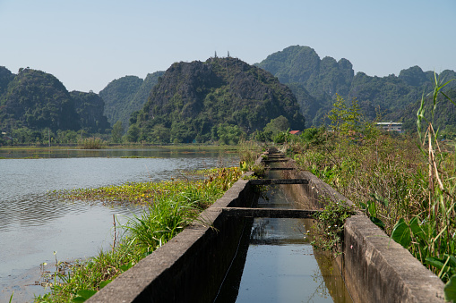 Mountains in the background of an image with an irrigation canal in the rice fields in Vietnam.