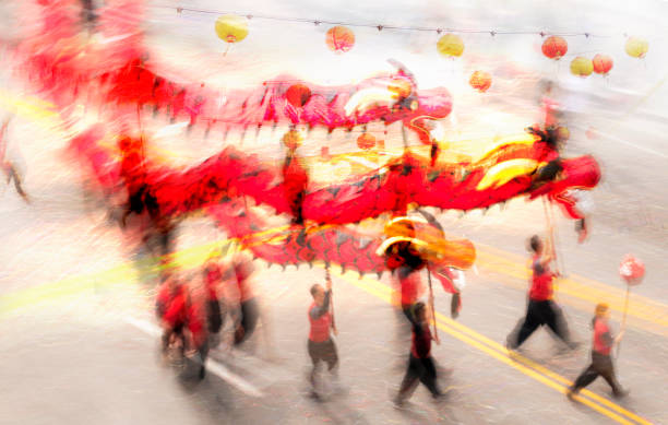 Motion blur of a dragon float during a Chinese lunar new year parade