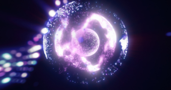 Purple energy magic circle, sphere, ball made of futuristic waves and lines of particles of atomic energy and electricity force field. Abstract background.