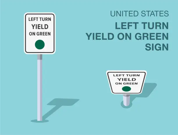 Vector illustration of Traffic regulation rules. Isolated United States left ruen yield on green sign. Front and top view. Vector illustration template.