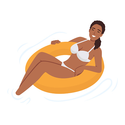 Woman relaxing on float swim ring. Flat style woman on vacation swimming in pool, resting or dreaming on water waves on inflatable ring or mattress. Flat vector illustration isolated on white background