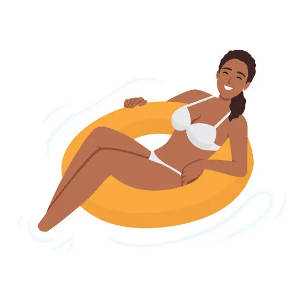 Vector illustration of Woman relaxing on float swim ring. Flat style woman on vacation swimming in pool, resting or dreaming on water waves on inflatable ring or mattress