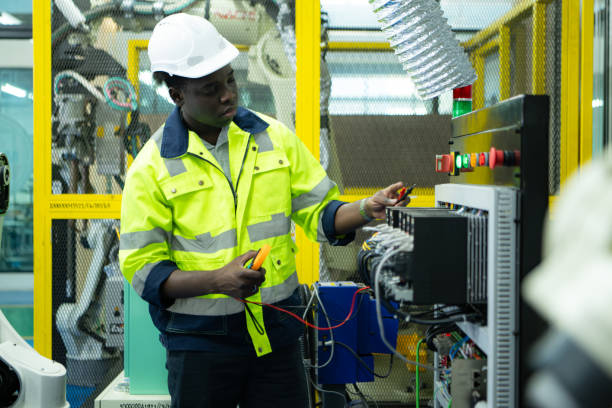 istock Portrait of a technician working with a digital multimeter to test the electrical system of a huge circuit board at an industrial plant using an automated hand robot. 2039394580