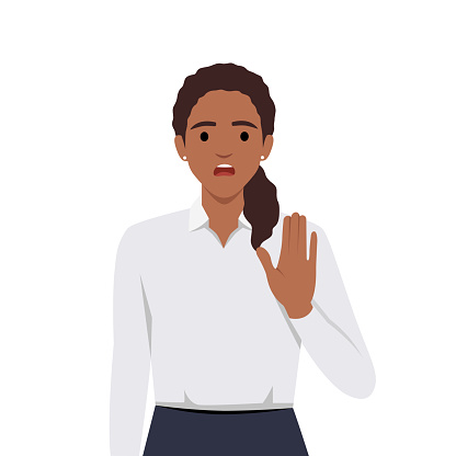 Young female say NO with negative gesture. Concept of rejection refusing denial disagree woman choice, decision. Flat vector illustration