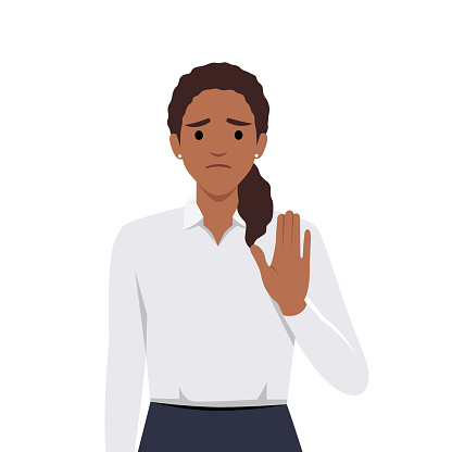 Young black female say NO with negative gesture. Concept of rejection refusing denial disagree woman choice, decision. Flat vector illustration isolated on white background