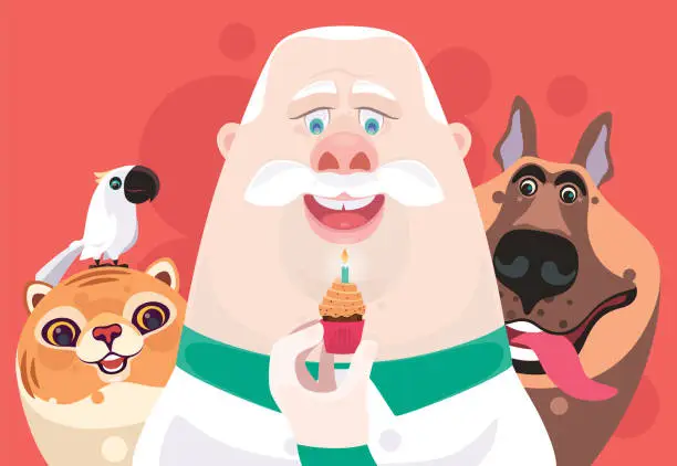 Vector illustration of happy senior man holding cupcake with pets