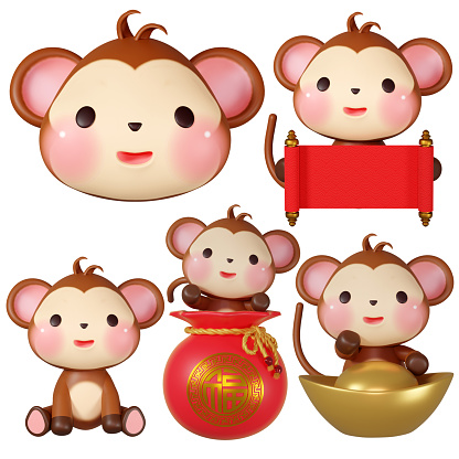 A collection of 3D rendering illustrations featuring cute twelve zodiac monkeys, including avatars, lucky bags, ingots, and red scrolls