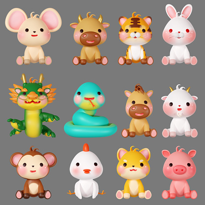 3D rendering illustration, collection of cute zodiac signs front view