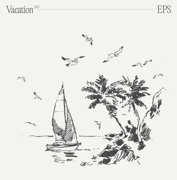 Vector illustration of Cartoon sailboat on tropical beach with palm trees and seagulls. Hand drawn vector illustration.