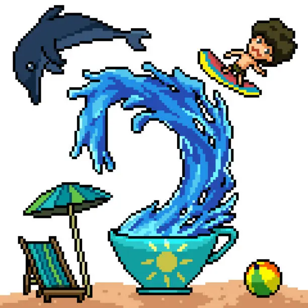 Vector illustration of pixel art of vacation beach drink