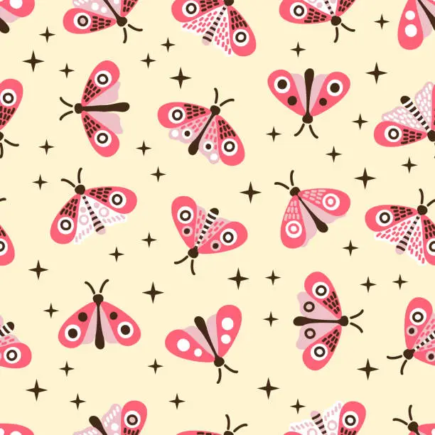 Vector illustration of Vector seamless pattern of moth. Stylized butterflies pink color on a yellow background