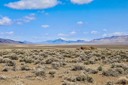 Northern Nevada High Desert Landscape - Sage - Mountain Ridges - Blue Skies - Clouds - March