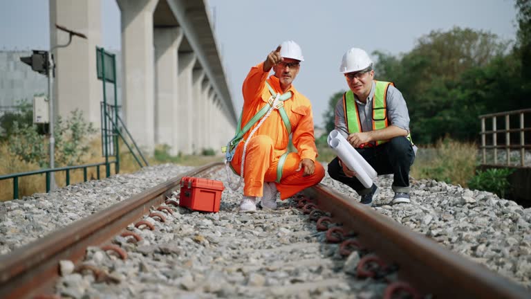 Engineers and maintenance technicians are inspecting the railway tracks to ensure they are in a ready-to-use condition.