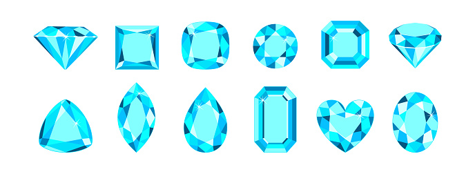 Blue gemstones of different shapes isolated on white background. Aquamarine crystals set. Vector cartoon flat illustration.