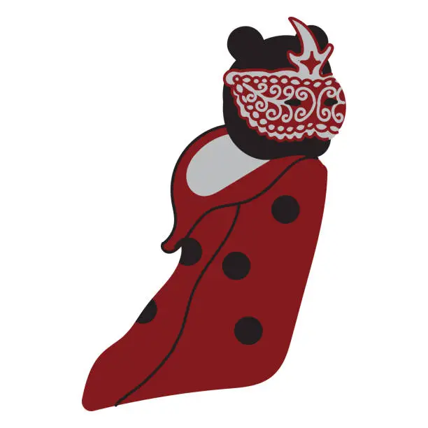 Vector illustration of Ladybug in the form of an old graceful lady in a mask. A secret stranger in a ladybug costume runs