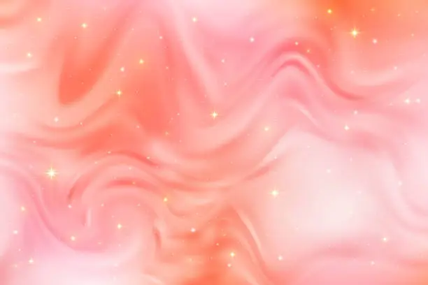 Vector illustration of Pink gradient wavy background. Abstract blurred liquid texture. Fluid vector peach space with glitter and stars. Dynamic futuristic warm wallpaper