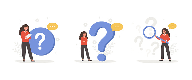 FAQ concept. Women ask questions and receive answers. Customer support. Set of vector illustrations in flat cartoon style. Perfect for Website menu bar, user interfaces or landing pages.