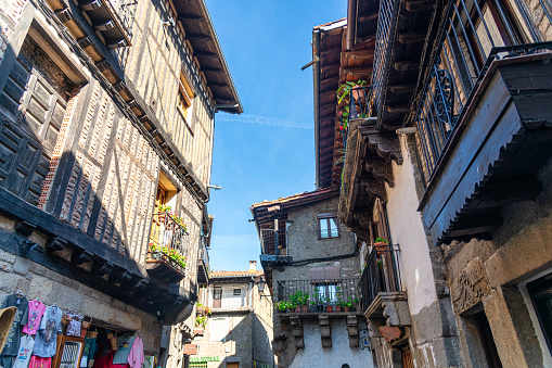 Plaza Mayor in La Alberca village in Spain with Timber houses alongside a narrow street