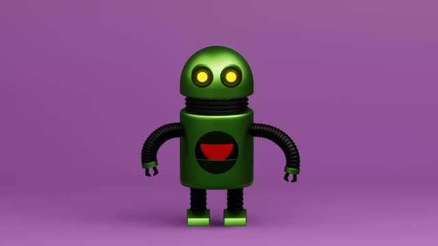 Robotic Valentine with red bright heart. robot with love heart beautiful 3d rendering for easy compositing into your own scenes. Robot with yellow eyes and red heart in it's body on purple background