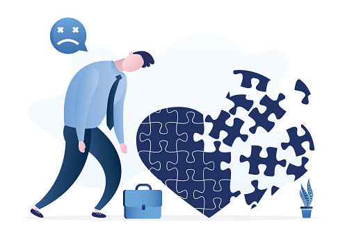 Unhappy businessman does not like his job. Lack of desire to go to work. Unloved business. Huge heart puzzle is broken into pieces. Frustration, burnout at work. Sad entrepreneur. vector illustration