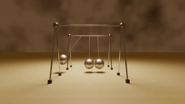 Animation of Newton's Cradle Seamless loop 3d Animation 4k Newton's cradle office toy. 3d render. swinging metal balls in slow motion on cyan background