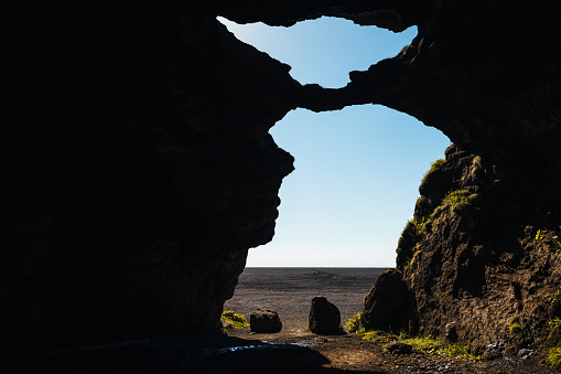 View from the iconic Yoda cave in South Iceland (Hjörleifshöfði).