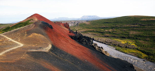 Panoramic view of Raudholar pseudocraters In North-East Iceland.