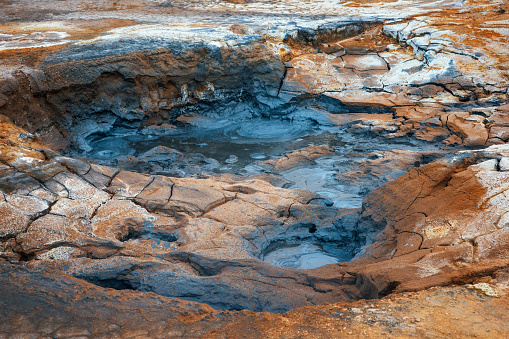 Close-up of a mud pool at geothermal area of Hverir (Iceland).