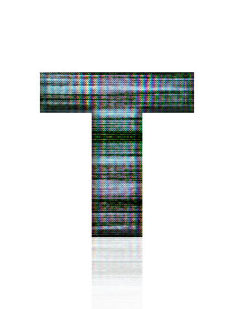 Close-up of three-dimensional Television Static alphabet letter T on white background.
