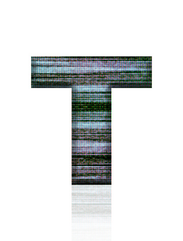 Close-up of three-dimensional Television Static alphabet letter T on white background.