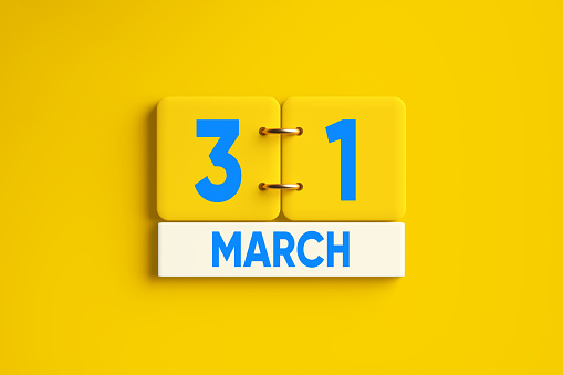 Yellow Calendar with March 31 2024 Easter Holiday date on yellow background. 3D render.