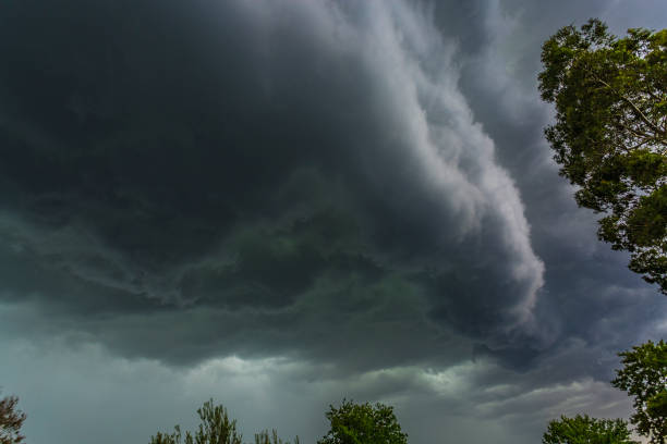 Severe threatening  thunderstorm clouds over Melbourne eastern suburbs at Mont Albert on Tuesday Feb 13, 2024.This severe storm caused havoc in the city and surrounding suburbs and nearby regions with widespread damage to the power network causing extensive blackouts. The green areas in the storm clouds indicates the presence of ice and large hail in addition to torrential rain and strong winds.