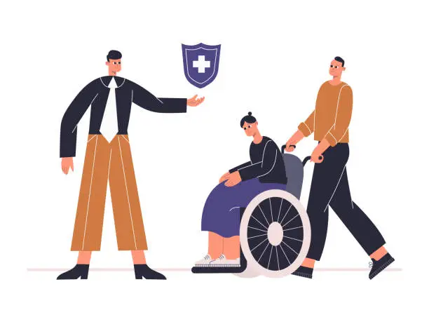 Vector illustration of Risk insurance protecting health for disabled person. Insure life from accident or illness. Consultant offering medical package