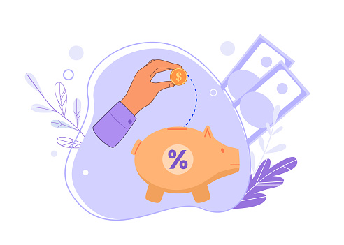Saving money, investment concept. Character putting dollar coin into piggy bank. Person depositing money to get profit. Cartoon hand investing money to get income vector. Financial management