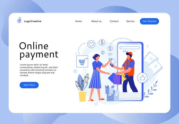 Vector illustration of Online shopping landing page. Woman ordering products and paying in internet . E-commerce advertising