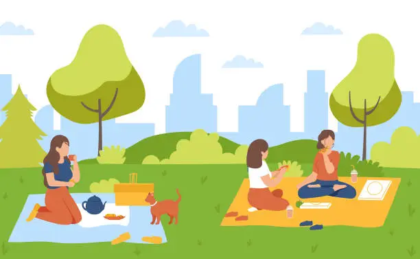 Vector illustration of Picnic in park. Woman drinking tea and eating cookies on fresh air. Female friends sitting on blanket