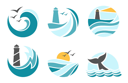 Ocean emblem, sea waves with seagulls, lighthouse icon. Aquatic environment with flying birds and sunset. Tropical summer climate, seascape paradise isolated set vector illustration