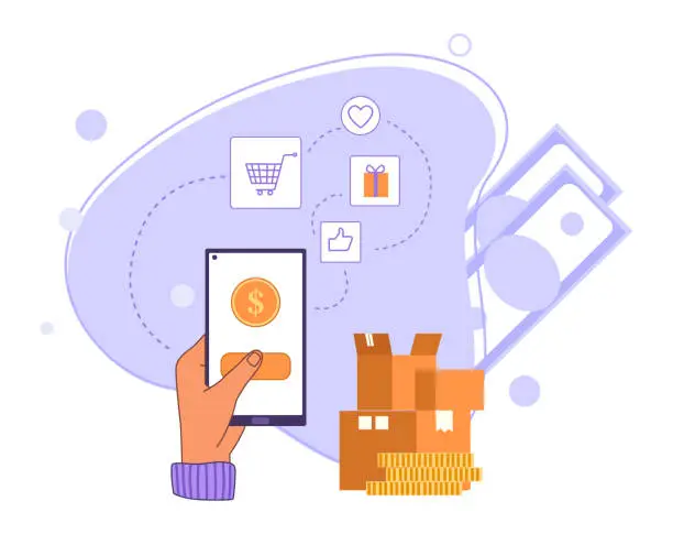 Vector illustration of Online shopping, pay credit card in retail. Hand holding smartphone to pay for goods. Ordering products, using payment systems