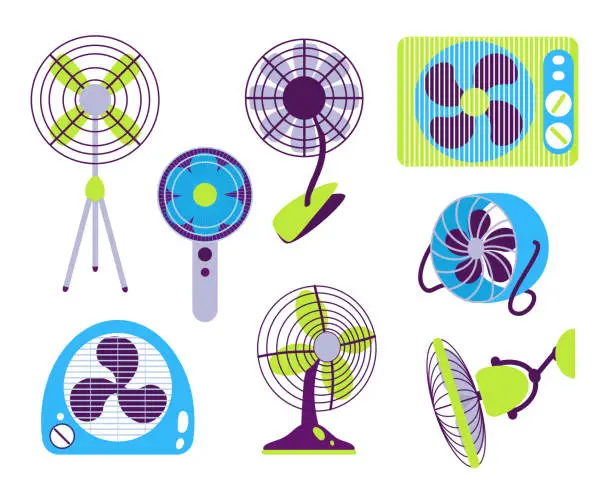 Vector illustration of Electric fans. Air circulation climate equipment. Different types of cooling appliances for home, office or shop