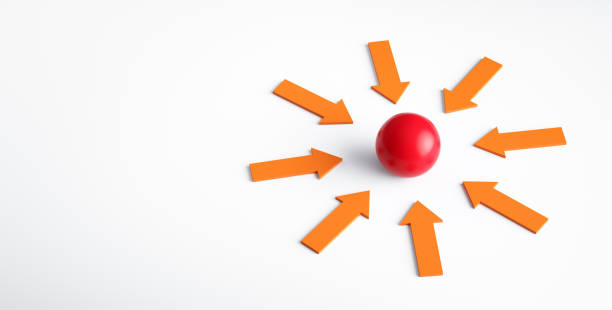 Customer centricity or customer centric culture concept. Directional arrows pointing to a red sphere on white background. 3D render.