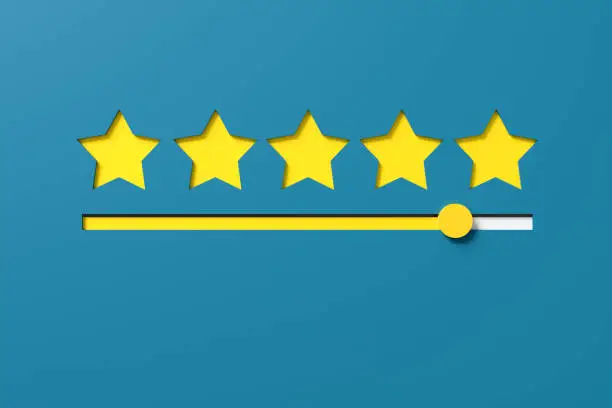 Photo of Customer satisfaction or evaluation meter with five star rating on blue background.