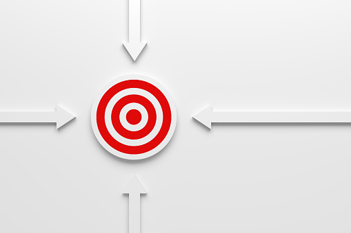 Target goal achievement and business success concept. Goal setting. White directional arrows going towards the target symbol on white background. 3D render.