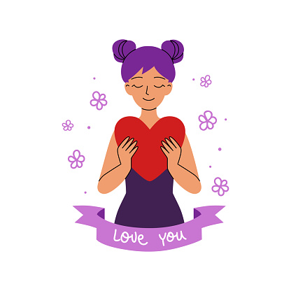 Young woman with purple hair holding heart symbol in hands. Love concept for post card, print, or social media message. Flat vector illustration with cartoon character isolated on white background.