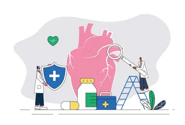 Vector illustration of Two male doctors examining the heart, heart health protection concept illustration.