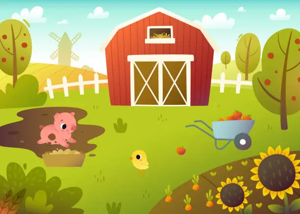Vector illustration of Cartoon farm landscape with cute pig. Summer vector rural background with barn and domestic animals.