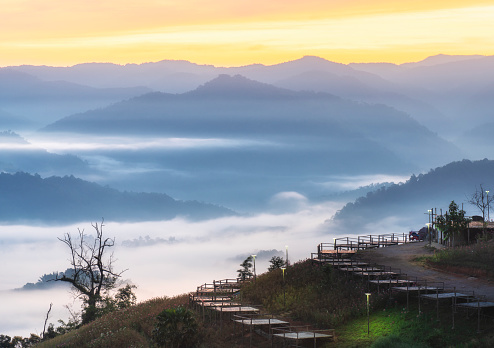 Spectacular views of sunrise and foggy morning on mountain views in northern Thailand