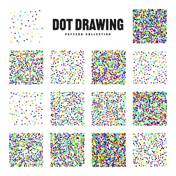Vector illustration of Square shaped dotted objects, vintage stipple elements. Stippling, dotwork drawing, shading using dots. Halftone effect. Colored noise grainy texture, pattern. Vector illustration.