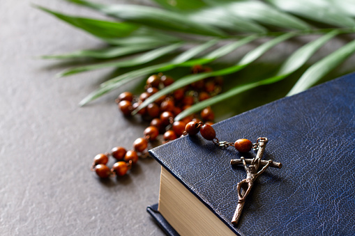 Bible with rosary and palm branch. Palm Sunday religious concept background