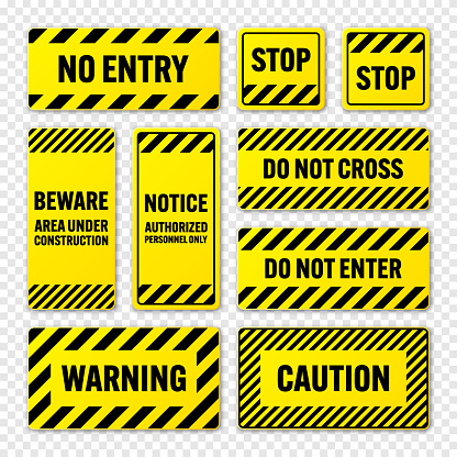 Various black and yellow warning signs with diagonal lines. Attention, danger or caution sign, construction site signage. Realistic notice signboard, warning banner, road shield. Vector illustration.